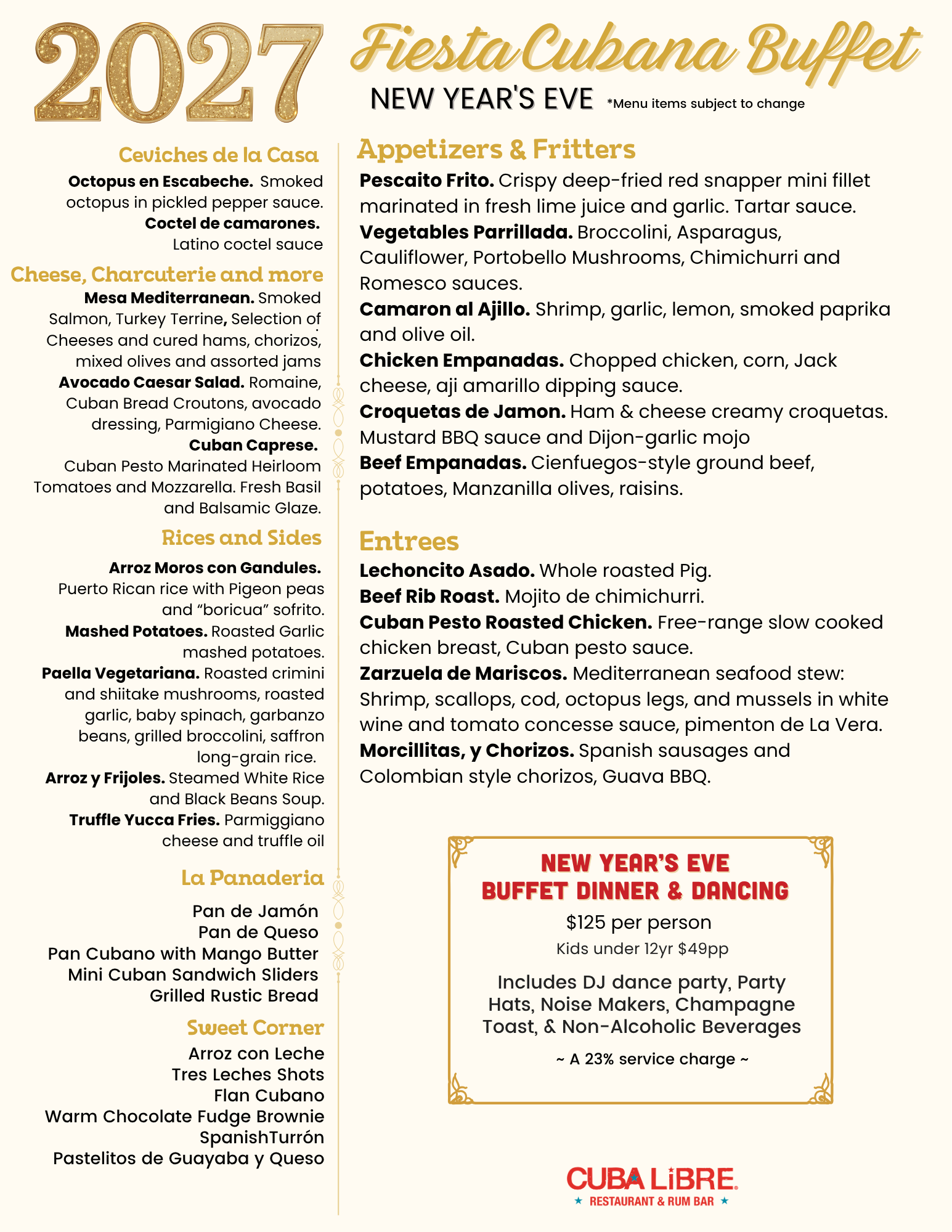 ORL NYE Buffet menu